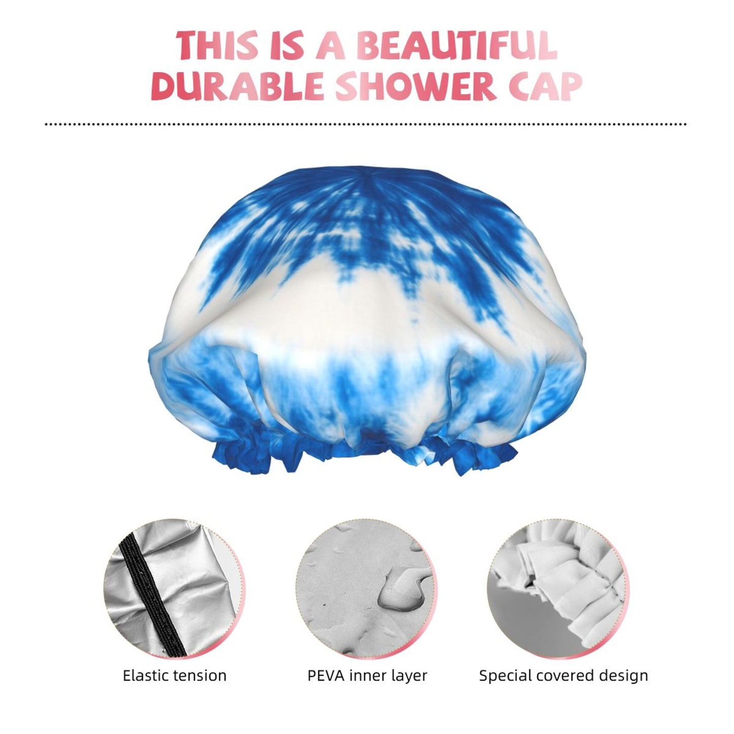 Ink Blue Pattern Shower Cap (Fits Most Head Sizes, 10.6in x 4.3in)