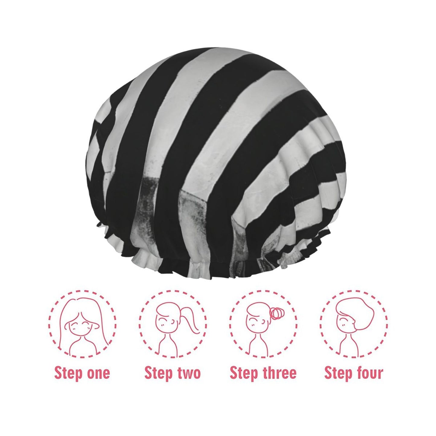 Black and White Striped Shower Cap (Fits Most Head Sizes, 10.6in x 4.3in)