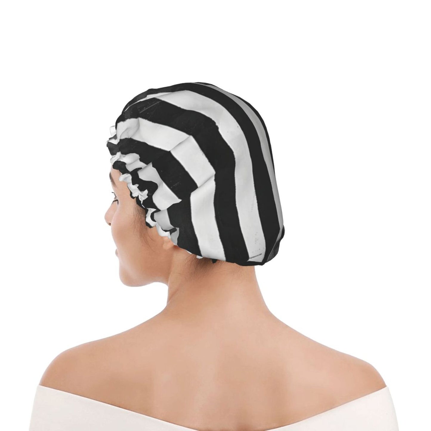 Black and White Striped Shower Cap (Fits Most Head Sizes, 10.6in x 4.3in)